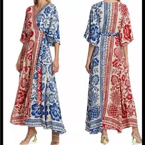 Farm Rio Garden Floral Split-Panel Wrap Maxi Dress in Red & Blue